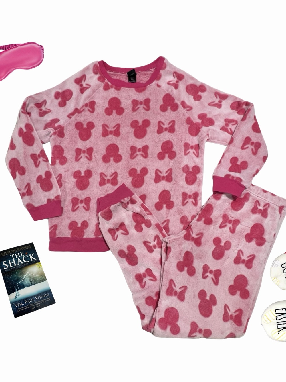 Disney PJ Set Minnie Mouse Fleece Cozy Plush Pajamas Bows Pink Medium M